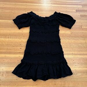 Impeccable Pig black cinched off the shoulder short sleeve stretch mini dress